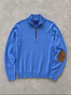 Alan Flusser 2 Ply Pure Cashmere 1/4 Zip Sweater Men Large Blue Elbow Patches